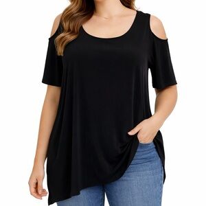 Clara Sunwoo Blouse Womens Plus 1X Black Cold Shoulder High Low Staple Classic